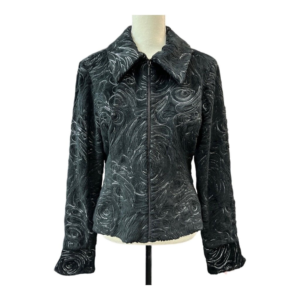 Samuel Dong Black Floral Women M (Runs Large) Textured Faux Fur Jacket Full Zip